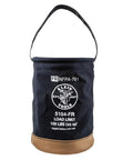 Flame-Resistant Canvas Tool Bucket with leather handle, double-riveted bottom, 100-pound load rated, 12-inch diameter, 17-inch tall.