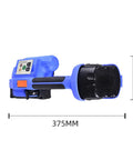 PRO GRADE RECHARGEABLE STRAPPING TOOL FOR PP AND PET PLASTIC BELTS WITH 3000 MAH BATTERY AUTOMATIC HOT MELTING BANDING MACHINE side view with dimensions 375mm x 140mm