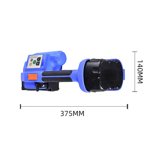 PRO GRADE RECHARGEABLE STRAPPING TOOL FOR PP AND PET PLASTIC BELTS WITH 3000 MAH BATTERY AUTOMATIC HOT MELTING BANDING MACHINE side view with dimensions 375mm x 140mm