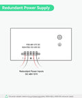 Diagram showing redundant power supply connections for the Industrial 8 Port Cloud Managed PoE Switch with labeled inputs.