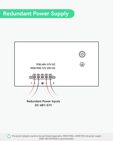 Diagram showing redundant power supply connections for the Industrial 8 Port Cloud Managed PoE Switch with labeled inputs.