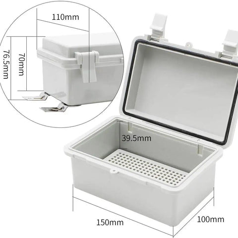 Outdoor Small Waterproof Electrical Junction Box With Lock And Wall Bracket Rugged Hinged Cover ABS Plastic Case In Gray 5.9 By 3.9 By 2.8 Inches open view
