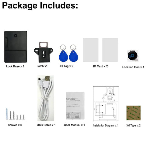 Package contents of RFID Cabinet Lock System With USB Cable For Wooden Drawers And Cupboards, including lock base and USB.