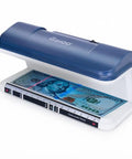 Counterfeit Bill Detector With LED UV Light 365nm Ultra Bright Go To Money Verification Tool For Bills Long Life LED No Tube Replacement Fake Money Detector Machine Blue with a dollar bill under UV light.
