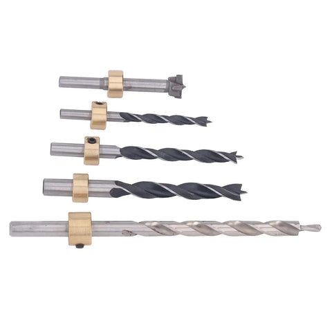 Top Notch 5 Piece Pocket Hole Drill Bit Set Made From High Speed Steel With Adjustable Depth And Three Knife Points For Super Clean Woodworking Holes In Just About Any Project You Got Going On. five drill bits on white background
