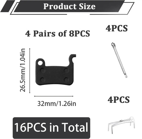 Product size chart for 4 Pairs Resin Disc Brake Pads For MTB Mountain Bikes, includes dimensions and total pieces