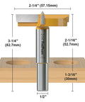Top Shelf Forstner Drill Bit With 1/2 Inch Shank And 2-1/4 Inch Cutting Diameter showing dimensions on wood.