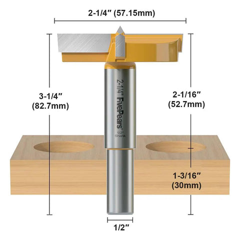 Top Shelf Forstner Drill Bit With 1/2 Inch Shank And 2-1/4 Inch Cutting Diameter showing dimensions on wood.