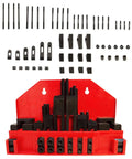 52 Piece T Slot Clamping Kit Seven Sixteenth Inch Set With End Clamps Flange Nuts Coupling Nuts Step Blocks Serrated End Clamps And Studs For DIY Milling Jigs And Fabrication Includes Handy Storage Case, arranged on red holder