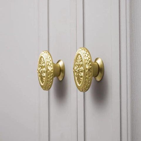 Antique Brass Cabinet Knobs 4 Pack Copper Oval Handles for Kitchen and Bathroom Cabinets and Drawers Durable Retro Hardware; side view