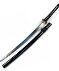 Unsharpened Carbon Steel Iaito Practice Katana Sword With Musashi Ring Tsuba, 41 Inch Overall Length, Full Tang Blade displayed