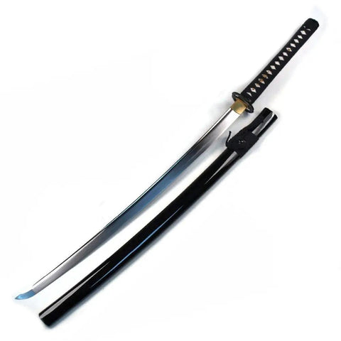 Unsharpened Carbon Steel Iaito Practice Katana Sword With Musashi Ring Tsuba, 41 Inch Overall Length, Full Tang Blade displayed