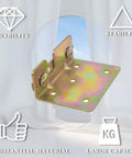 Heavy Duty Bed Rail Brackets With Mounting Hardware, Non Mortise Double Hook Slot Bed Frame Connectors, Built Tough Iron Fittings For No Sweat Assembly And Foolproof Bedroom Renovations, Set Of Four, shown close-up with gold finish.