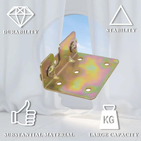 Heavy Duty Bed Rail Brackets With Mounting Hardware, Non Mortise Double Hook Slot Bed Frame Connectors, Built Tough Iron Fittings For No Sweat Assembly And Foolproof Bedroom Renovations, Set Of Four, shown close-up with gold finish.
