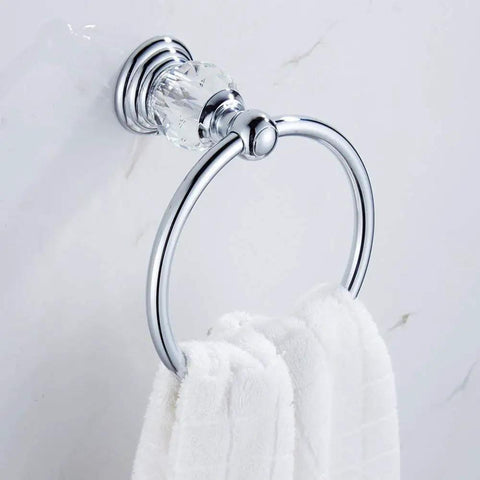 Chrome towel ring with crystal accent from Crystal Bathroom Hardware Set With Retractable Towel Bar Chrome Finish 18.5 to 30.8 Inch Adjustable Includes Toilet Paper Holder Towel Ring Coat Hooks Wall Mounted 4 Piece Bath Accessory Kit.