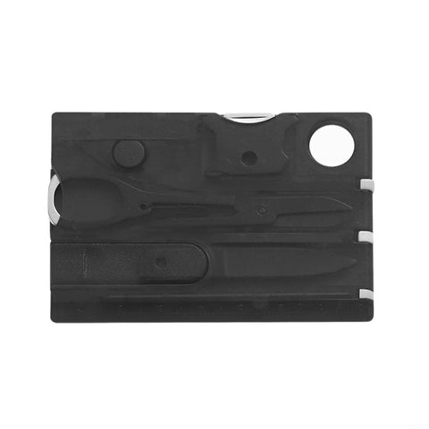 14-In-1 Survival Card Tool With LED Light, compact 2Cr13 stainless steel multitool, pocket-sized, black red design, multiple functions visible.