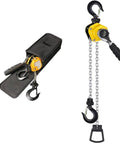 Manual lever chain hoist with yellow housing, 20 ft G80 chain, 1/4 ton (550 lb) capacity; hooks visible.