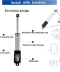 Diagram of 12V Electric Linear Actuator With 50mm Stroke 60N Load showing parts with aluminum alloy housing and telescopic rod.