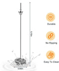 Close-up of handheld rechargeable milk frother whisk rod with dimensions, showing spring design and durability features.