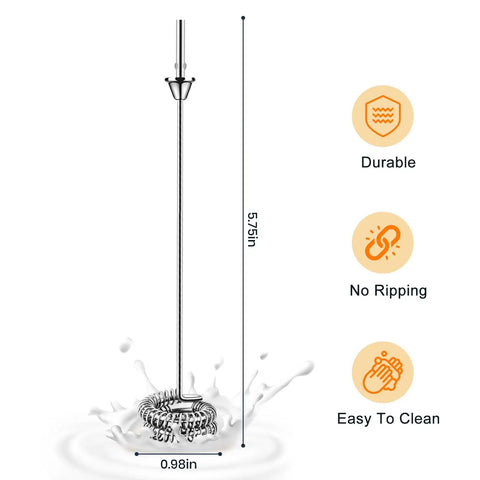 Close-up of handheld rechargeable milk frother whisk rod with dimensions, showing spring design and durability features.