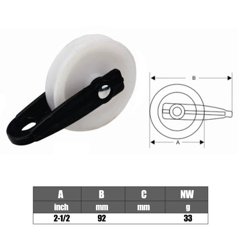 Two Pack Nylon Clothesline Pulleys For Outdoor Rope Drying System Smooth Tangle Free Pulley Kit With Durable Nylon And Metal Rollers Easy To Install Perfect For Indoor And Outdoor Clotheslines. White 2.5-inch pulley with dimensions shown