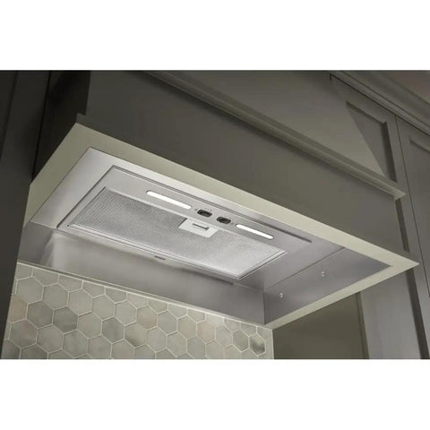 Sleek Stainless Steel Box Power Pack Liner for 30 Inch Range Hood installed under kitchen cabinet, compatible with PM Series Power Packs