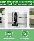 Dtacke cooler latch; black rubber T-handle latches on white and green coolers, three views front/close-up/installed