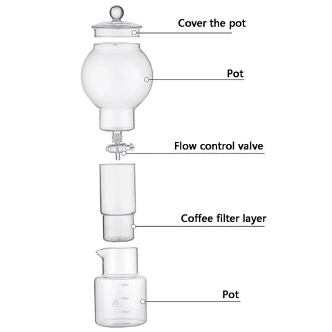 Premium Glass Cold Brew Drip Tower With Adjustable Flow Dripper For Smooth Cold Extraction Coffee Maker 600 Milliliter Gray Body components labeled