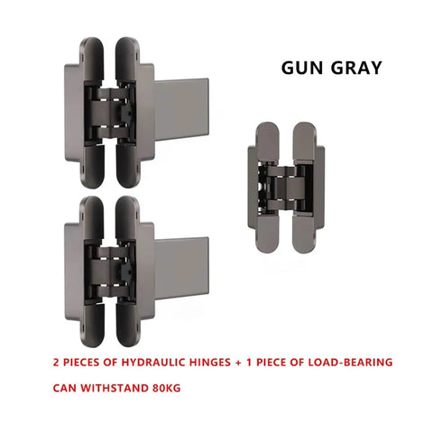 No Drama Invisible Hinge With Automatic Closing And Hydraulic Buffer For Secret Doors Featuring 3D Adjustable Hidden Cross Hardware In Matte Gray Finish, showcasing gun gray hydraulic hinges, 80kg load capacity.