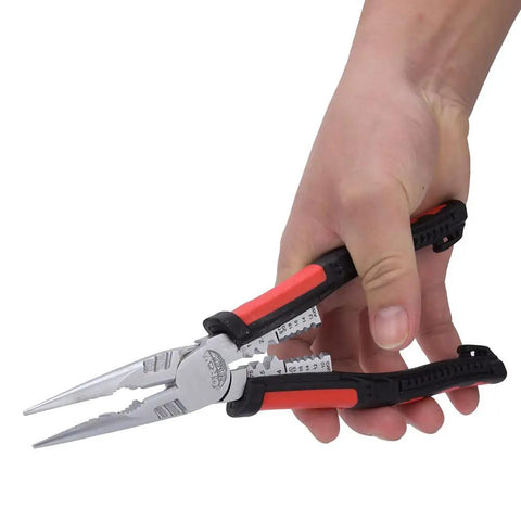 7 In 1 Pro Grade Workhorse Multifunction Needle Nose Pliers Wire Stripping Tool With Cutting Crimping Clamping And Nut Handling For Electrical Work Automotive Repairs And DIY Projects In Premium Chrome Vanadium Steel, hand holding