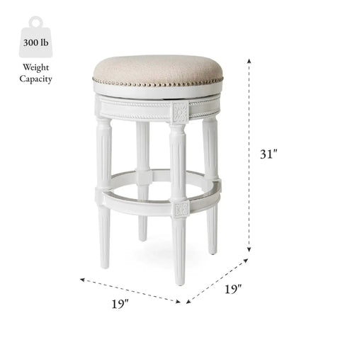 Backless Swivel Bar Stool, 30 Inch High, Nailhead Trim, Alabaster White Finish With Cream Upholstery, 180 Degree Swivel, Solid Wood Kitchen Chair For Modern Kitchens And Casual Hangouts