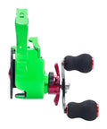 Side view of Magnetic Descent Ice Fishing Reel With Thirteen Magnets, Five Plus One Ball Bearings, brass gears, green color.