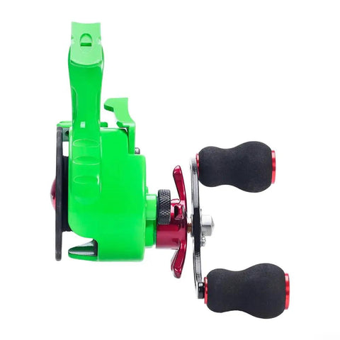 Side view of Magnetic Descent Ice Fishing Reel With Thirteen Magnets, Five Plus One Ball Bearings, brass gears, green color.