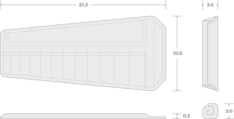 Diagram of Red Angle Head Wrench Pouch With Twelve Pockets For 8 To 19 Millimeter Wrenches And Size Markings Made In USA, dimensions shown.