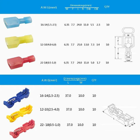 T Tap Wire Connectors Kit 60 Pieces 30 Pairs Self Stripping Plug And Play Ready Quick Wire Splice Taps in red, yellow, blue.