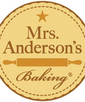 Front view of Mrs. Anderson’s Baking logo: circular badge with star and rolling pin illustration