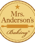 Brown and gold logo of Mrs. Anderson's Baking with a star and rolling pin graphic