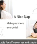 Woman using Memory Foam Wedge Desk Pillow for napping, neck support in office chair, portable travel cushion.