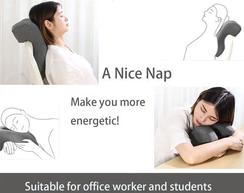 Woman using Memory Foam Wedge Desk Pillow for napping, neck support in office chair, portable travel cushion.