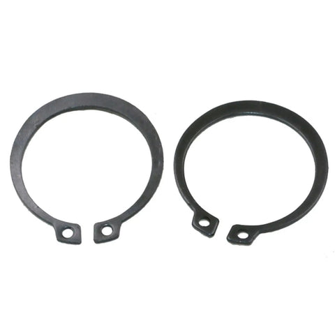 Two metal retaining rings from the 300 Piece Metal C Clip And E Ring Shaft Retaining Rings Assortment Kit With Box Fastener Set Black.