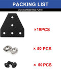 Packing list showing 10 Pack 2020 T Plate Corner Bracket For 8020 Aluminum Extrusion T Slot Connector With 50 T Nuts And Screws