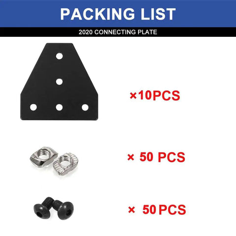 Packing list showing 10 Pack 2020 T Plate Corner Bracket For 8020 Aluminum Extrusion T Slot Connector With 50 T Nuts And Screws