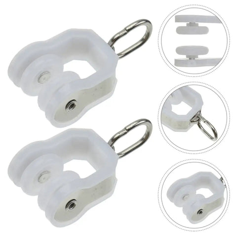 Smooth Operation Curtain Track Pulley Set Featuring Rock Solid Plastic Double Wheel Rollers For Seamless Sliding On Straight Or Curved Tracks, white plastic double wheel roller close-up.