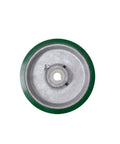 Top view of a Poly Tread Cast Iron Keyed Drive Wheel 5 Inch By 1.5 Inch With Five Eighth Inch Bore For Industrial Machinery And Heavy Equipment Applications