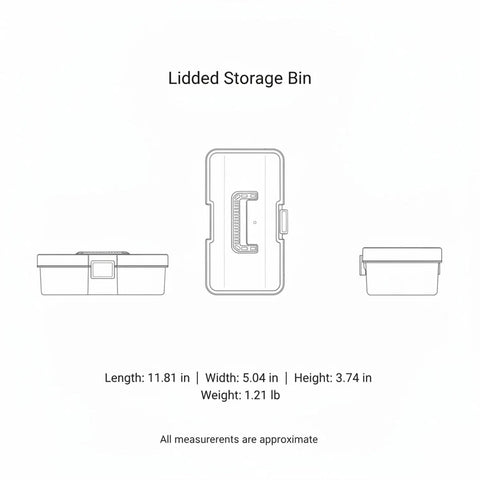 Straight Up Small Parts Organizer Bin With Stay Put Hinged Lid For Desk And Workspace showing dimensions and design for easy organization.