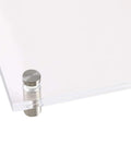 Close-up of Heavy Duty Standoff Screws For Wall Mount Acrylic Picture Frame Hardware and Sign Holder with Slick Silver Finish on 10mm acrylic board.