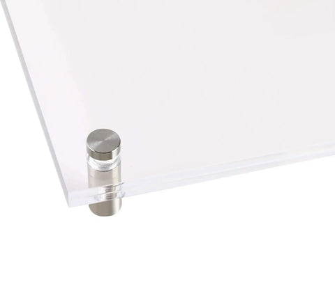 Close-up of Heavy Duty Standoff Screws For Wall Mount Acrylic Picture Frame Hardware and Sign Holder with Slick Silver Finish on 10mm acrylic board.