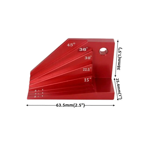 Digital Caliper, Micrometer Bevel Block Gauge Angle Finder Protractor with adjustable angle markings from 15° to 45° in red.