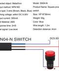 Diagram showing Inductive Proximity Sensor SN04-N NPN NO Switch with SN Bracket, 4mm sensing range, 3-wire, DC 5-30V, and technical specs.