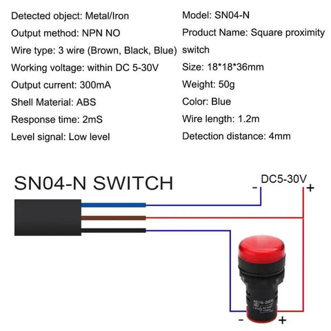Diagram showing Inductive Proximity Sensor SN04-N NPN NO Switch with SN Bracket, 4mm sensing range, 3-wire, DC 5-30V, and technical specs.